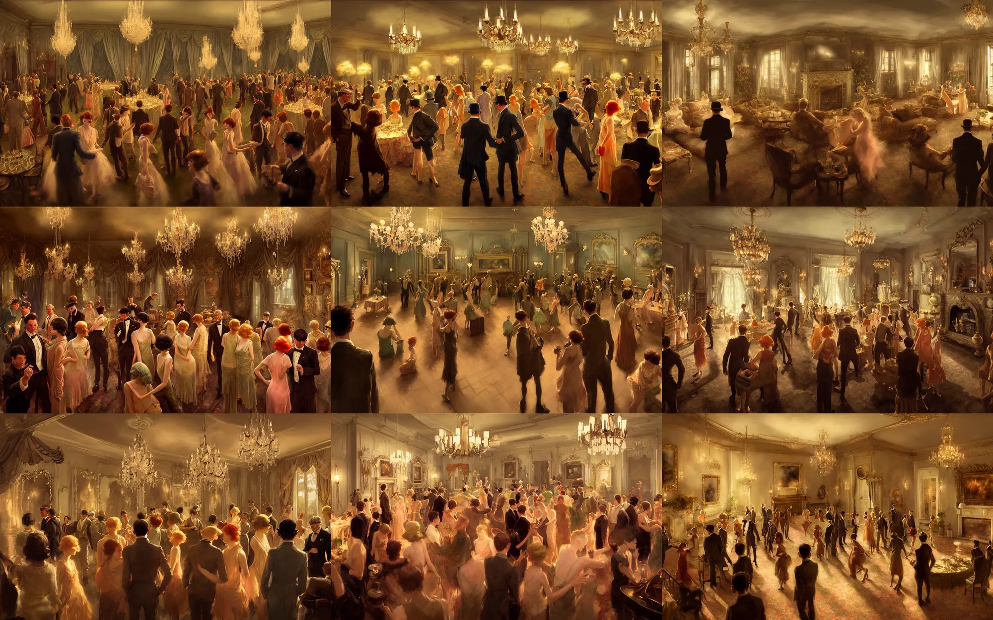 Prompt: craig mullins and ghibli and james gurney detailed digital painting of a 1 9 2 0 s grand party in a beautiful mansion, many partygoers, strong contrast, rococo color palette, unreal engine, hyper realism, realistic shading, cinematic composition, realistic render, octane render, detailed textures, photorealistic, very wide shot, 3 5 mm film
