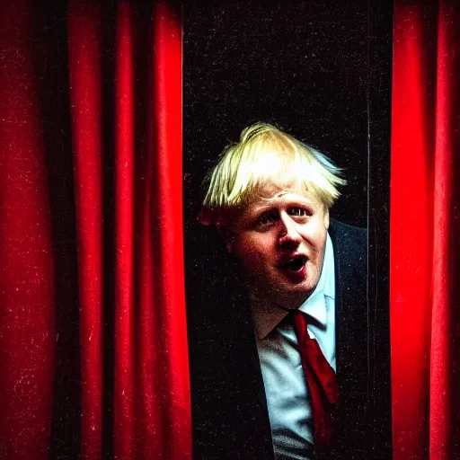 Image similar to photo of the inside of a dark old rainy bedroom window at night with the curtains pulled back, dimly lit creepy | screaming face of boris johnson staring in and pressing his bloody face and hands against the window, horror, scary face, demonic face,