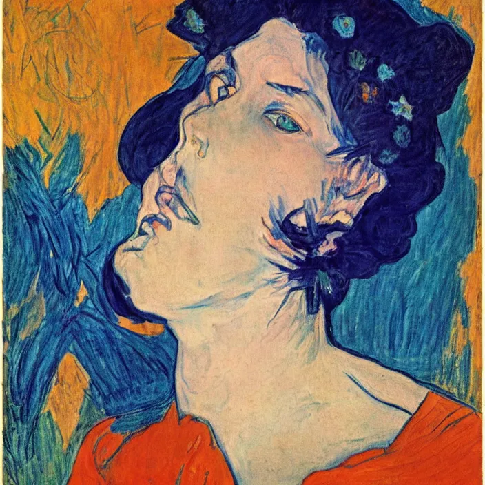 Image similar to portrait of a woman with wild exoticiris. indigo blue, turquoise. henri de toulouse - lautrec, egon schiele, gauguin, kathe kollwitz