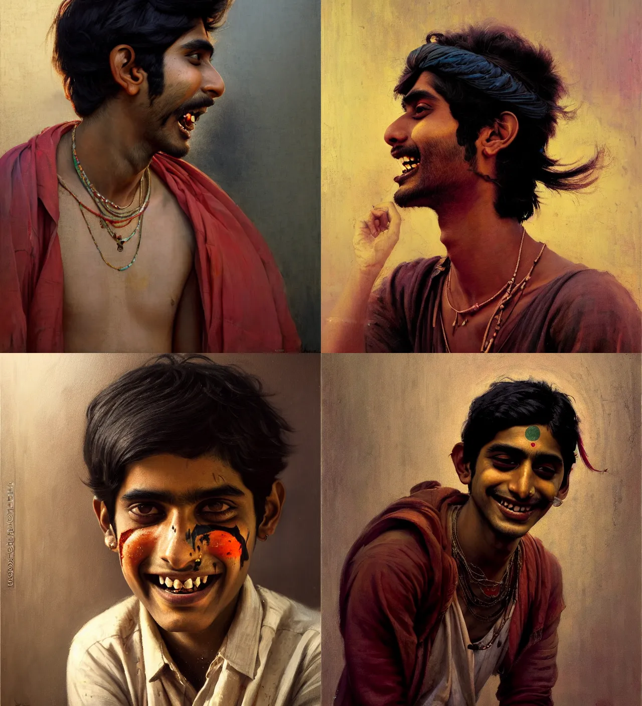 Prompt: a beautiful cinematic masterpiece headshot portrait of a happy stoner indian boy in 2 1 st century suburban indian town, tripping, centered, head only, by coby whitmore, by valentin de boulogne, by greg rutkowski, oil on canvas, ornate, tenebrist style, brilliant cold lighting, detailed, no frames, 8 k