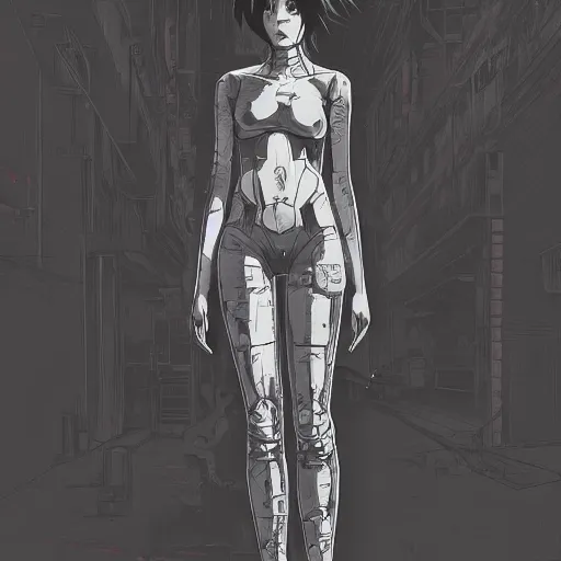 Image similar to full body portrait of punk girl clothing inspired by ghost in the shell, plain background, ultrafine detail, digital concept art, masterpiece!!!, by liam wong