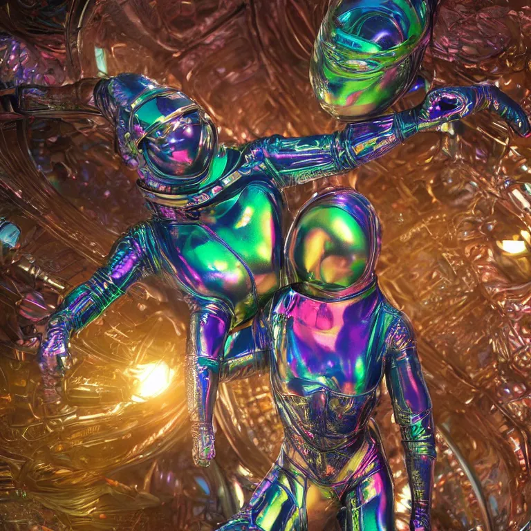 Prompt: octane render by wayne barlow and carlo crivelli and glenn fabry, a woman in a skintight colorful shiny spacesuit with colorful iridescent metal banding, covered in bright colorful alien flora and fauna inside a massive cavernous metal dome, cinema 4 d, ray traced lighting, ultra - detailed, volumetric lighting