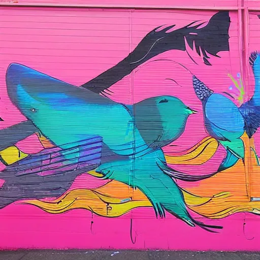 Prompt: a huge mural in pink and orange, showing many colorful birds and exuberant fish mixing and blending, urban Street art by refreshink, l7m, pantone