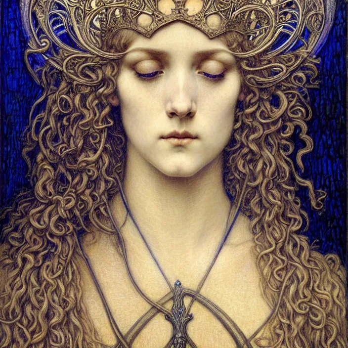 Image similar to detailed realistic beautiful young medieval queen face portrait by jean delville, gustave dore and marco mazzoni, art nouveau, symbolist, visionary, gothic, pre - raphaelite. horizontal symmetry