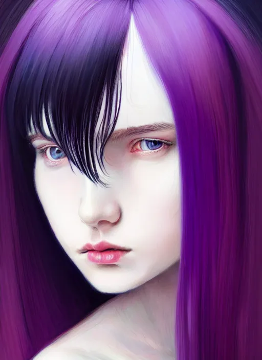 Image similar to hair whitebangs hair, black hair, whitebangs, portrait of teenage girl with white bangs, red irises, purple clothes, white bangs, bangs are different color from hair, intricate, elegant, glowing lights, highly detailed, digital painting, artstation, concept art, smooth, sharp focus, illustration, art by wlop, mars ravelo and greg rutkowski