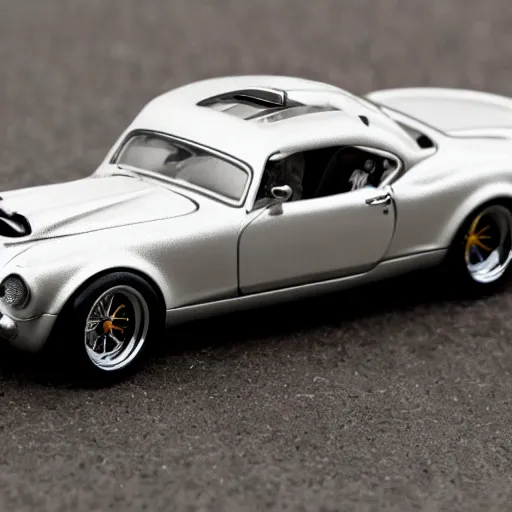 Prompt: 3 5 mm photo of metallic white steampunk shelby like hot wheels model