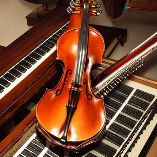 Prompt: strange hybrid musical instrument that is a fusion of a mahogany cello mixed with a pipeorgan, a large modified, brass french horn, combined with a silver harp and snare drum. hybrid musical instrument. 8 k resolution photorealistic hyperdetailed