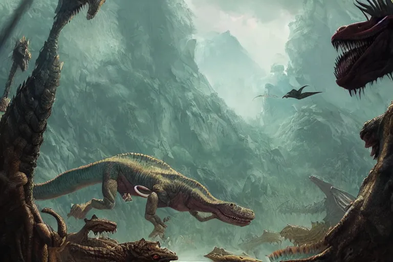 Image similar to barney the dinosaur in a prehistoric landscape, surrounded by larger predatory dinosaurs, tyrannosaurus, danger, fantasy art, greg rutkowski, concept art, highly detailed, artstation, artgerm, behance, cgsociety, natural history