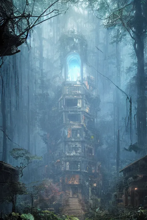 Prompt: a ( ( decaying magical library ) ) with a rainforest growing inside, raining, highly detailed, intricate detail, blue magical lighting, dramatic scenery, beautiful 3 d rendering, octane render, trending on artstation, by greg rutkowski and simon stalenhag