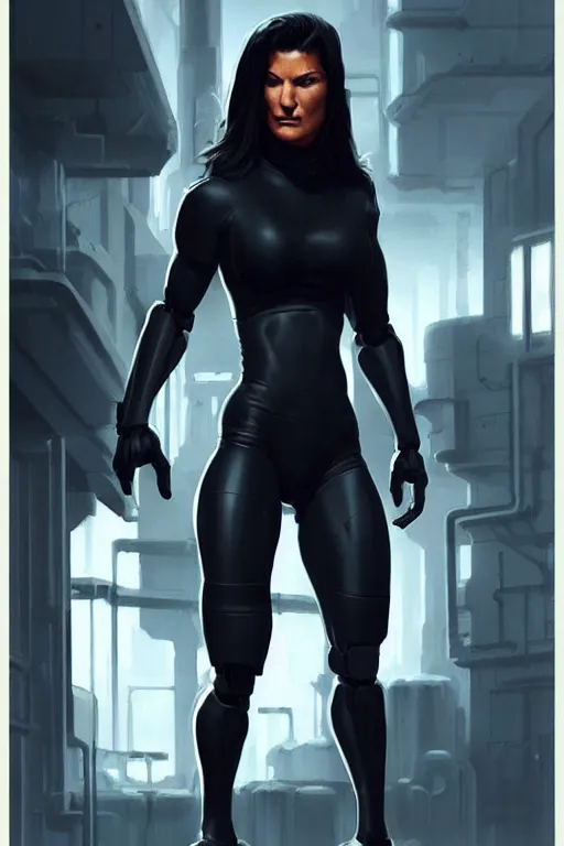 Image similar to gina carano with robotic left arm, casual black clothing, muscular, casual pose, large portrait, cyberpunk, digital painting, artstation, concept art, smooth, 8 k frostbite 3 engine, ultra detailed, art by artgerm and greg rutkowski and magali villeneuve