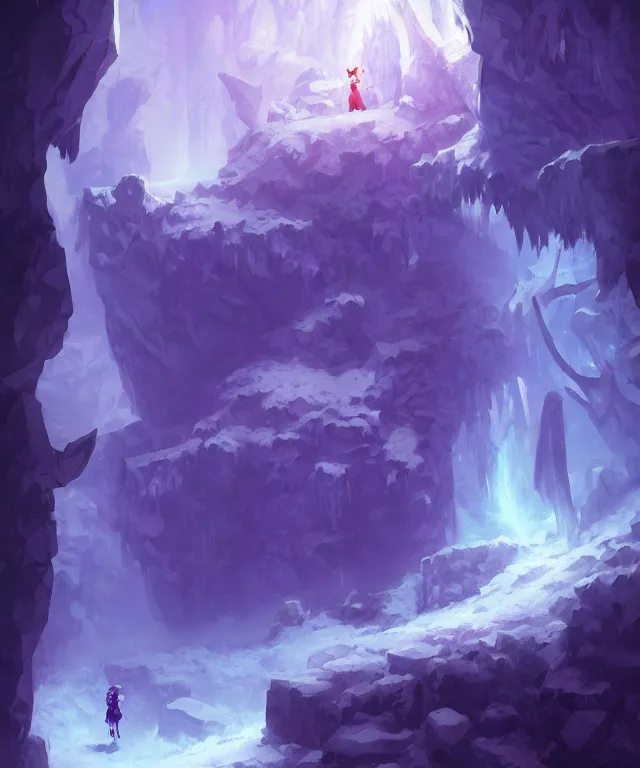 Prompt: The benevolent purple amethyst spirit in a magical crystal icy cave, tense cinematic composition, by Andreas Rocha