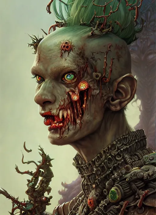 Prompt: a closeup zombie elf warrior fantasy character portrait, ultra realistic, wide angle, intricate details, the fifth element artifacts, highly detailed by peter mohrbacher, hajime sorayama, wayne barlowe, boris vallejo, aaron horkey, gaston bussiere, craig mullins