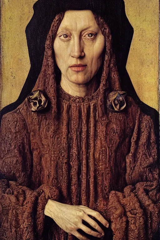 Image similar to portrait of atlach - nacha, oil painting by jan van eyck, northern renaissance art, oil on canvas, wet - on - wet technique, realistic, expressive emotions, intricate textures, illusionistic detail