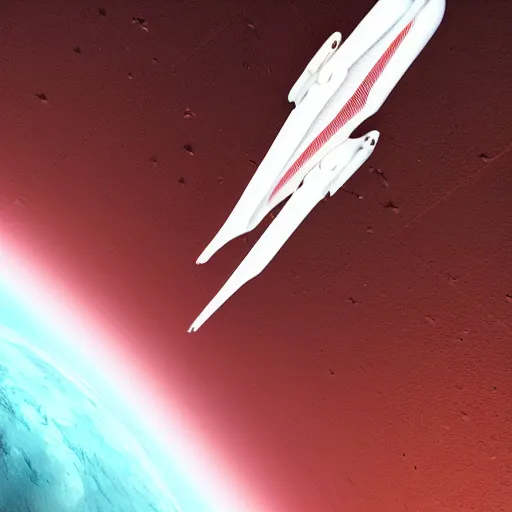 Prompt: two sleek white long spacecraft with red details, flying in parallell, over the surface of mars, , highly detailed, view from above, sunset, photorealistic, cinematic, sci-fi, octane render