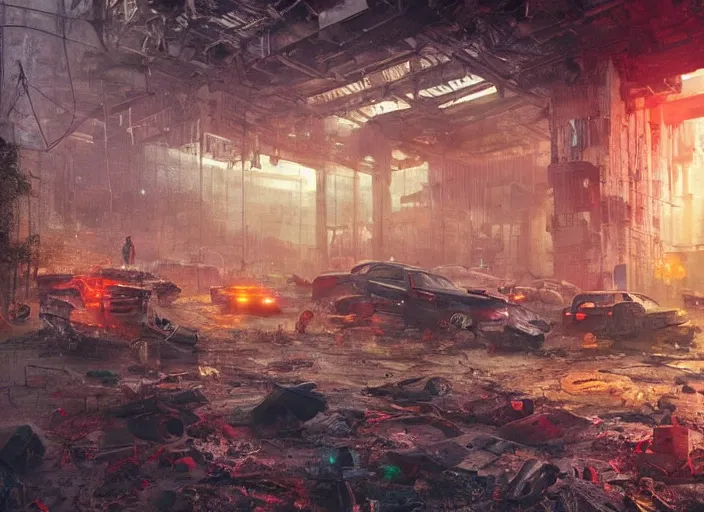 Prompt: an unbelievable dystopian scene, highly detailed, contrasting bright and colours with a hint of neon