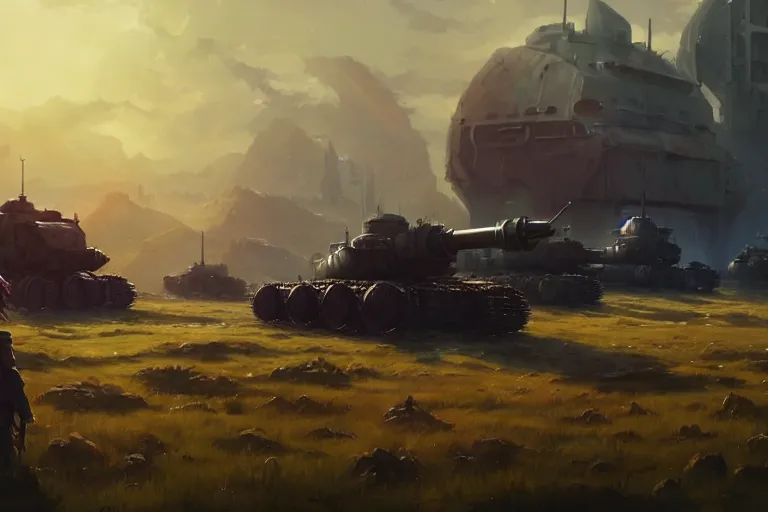 Image similar to concept art of an open field with ruined dieselpunk orcish tanks in the background, key visual, ambient lighting, highly detailed, digital painting, artstation, concept art, sharp focus, by makoto shinkai and akihiko yoshida and hidari and wlop