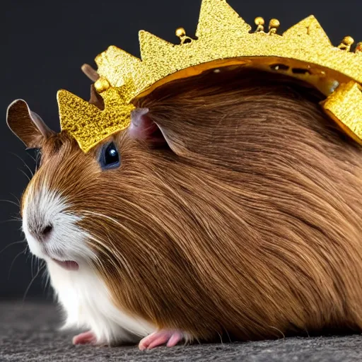 Prompt: A guinea pig with a golden crown with smaller guinea pigs bowing