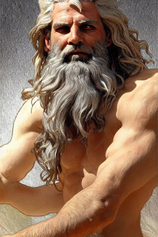 Image similar to painted portrait of rugged zeus, god of thunder, greek god, white hair, masculine, mature, handsome, upper body, muscular, hairy torso, fantasy, intricate, elegant, highly detailed, digital painting, artstation, concept art, smooth, sharp focus, illustration, art by gaston bussiere and alphonse mucha