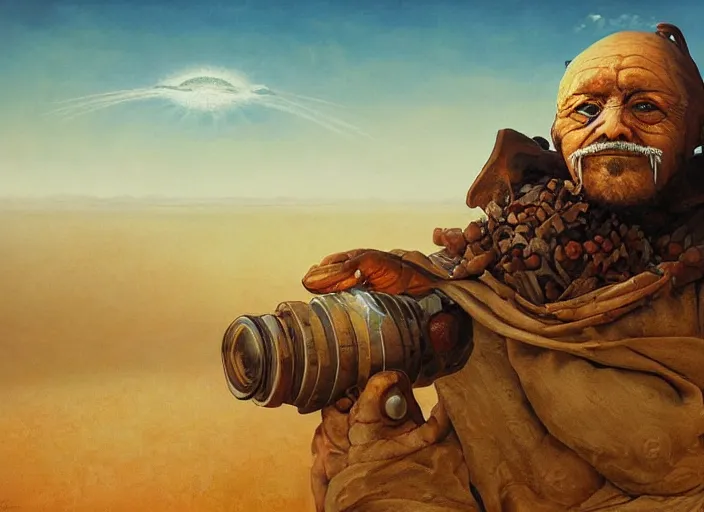 Image similar to a forgotten garden gnome surviving in a vast barren desert, hopeless wasteland background with a relentless raging sun overhead, hot, oppressive, an ultrafine detailed painting by by karol bak and filip hodas, trending on deviantart, pop surrealism, whimsical, lowbrow, perfect symmetrical face