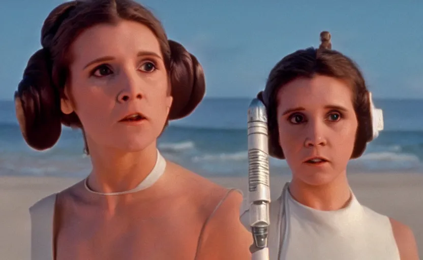 Image similar to portrait Princess Leia using lightsaber against Luke Skywalker on the beach, 1980s film directed by Stanley Kubrick, iconic scene, carrie fischer's photoreal face, stunning cinematography, hyper-detailed, sharp, anamorphic lenses, kodak color, 4k