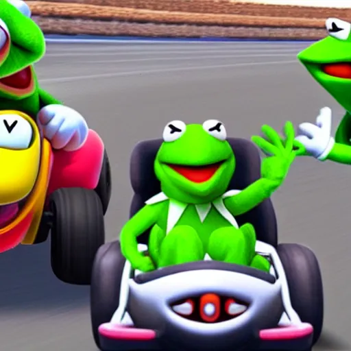 Prompt: kermit in mario kart