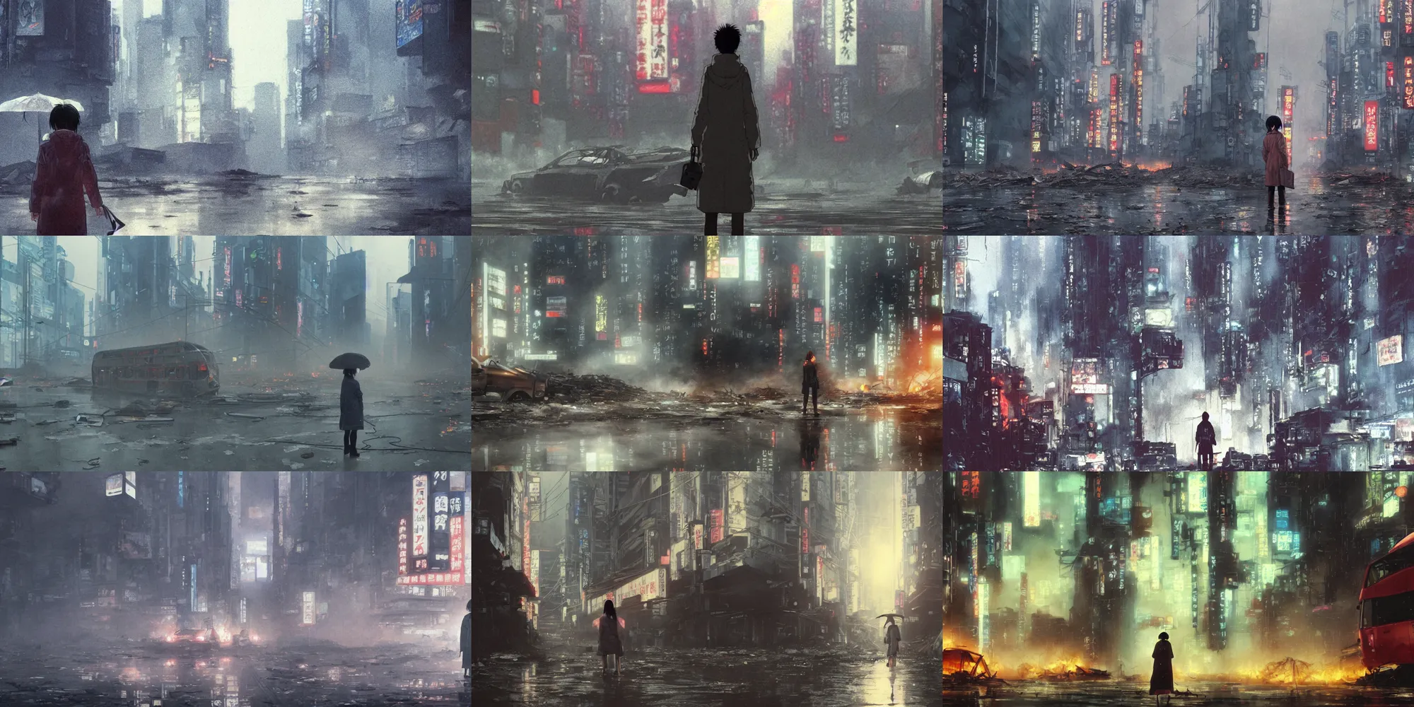 Prompt: incredible wide screenshot, ultrawide, simple water color, paper texture, katsuhiro otomo ghost in the shell, mamoru oshii, titled camera angle, backlit girl in parka, wet dark road, parasol in deserted junk pile shinjuku, earthquake destruction, reflection, thick fog, smoke, destroyed robots, blazing fire, burning bus crash inferno, lens flare