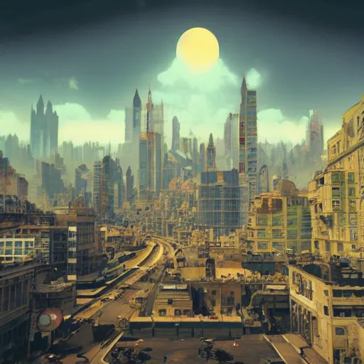 Prompt: SPACE INVADERS game as a city, bustling, rockets, atmospheric, hazy, sweltering, highly detailed, autochrome, 8k, reflections, octane render, unreal engine 5, in the style of Cézanne