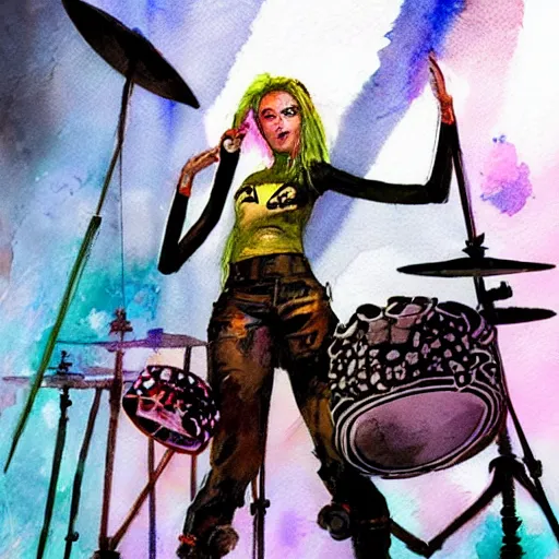 Image similar to Octopus girl playing R&R drum kit in the spotlight with rock band concert, cyberpunk, realistic, detailed, Industrial Scifi, paint, watercolor, in the style of Ashley Wood and Wadim Kashin