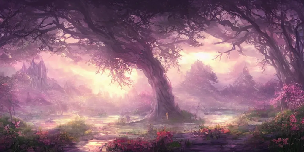 Prompt: a beautiful fantasy scene by yuumei art