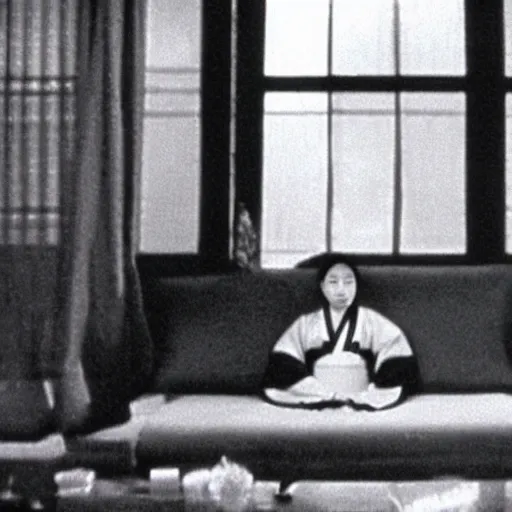 Prompt: a woman in a hanbok sitting on a couch, a starfish monster\'s arm coming through the window, minimal cinematography by Akira Kurosawa, movie filmstill, film noir, thriller by Kim Jong-il and Shin Sang-ok, abstract communism, occult epic