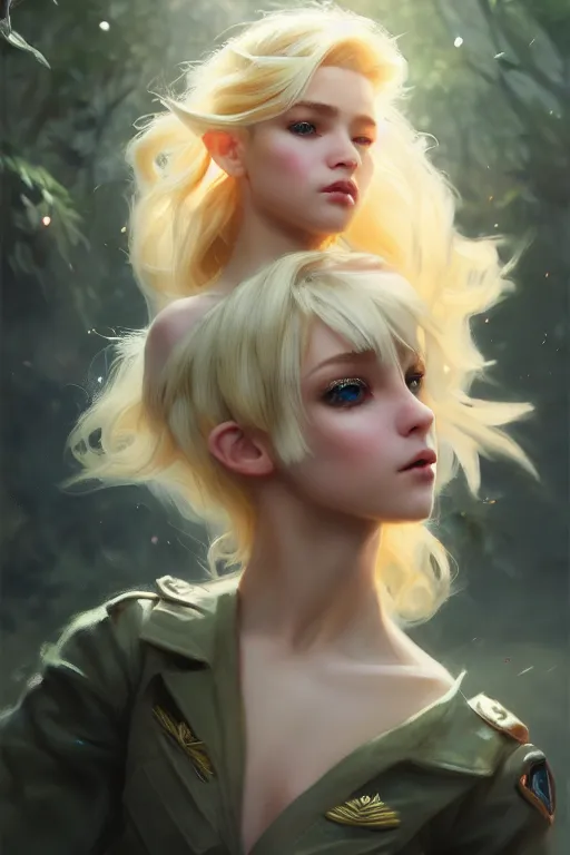 Image similar to cinematic shot of an epic portrait of a cute blonde fairy dressed in military clothes, stylised military clothes, shiny skin, beautiful eyes, beautiful, small details, night setting, realistic poster with volumetric light from craig mallism, artgerm, jeremy lipkin and michael garmash, unreal engine, radiant light, digital art, trends at art station, a masterpiece