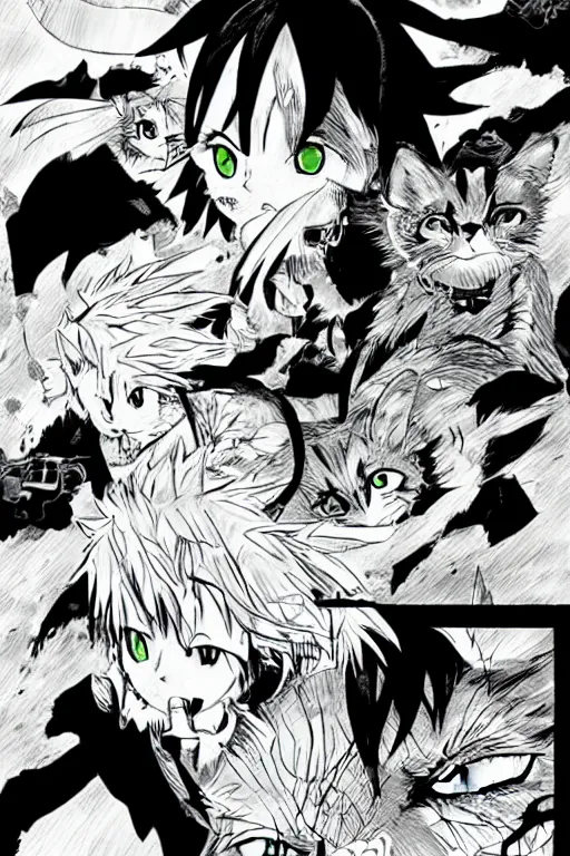 Image similar to a manga for warrior cats, very detailed, backlighting, shonen jump manga