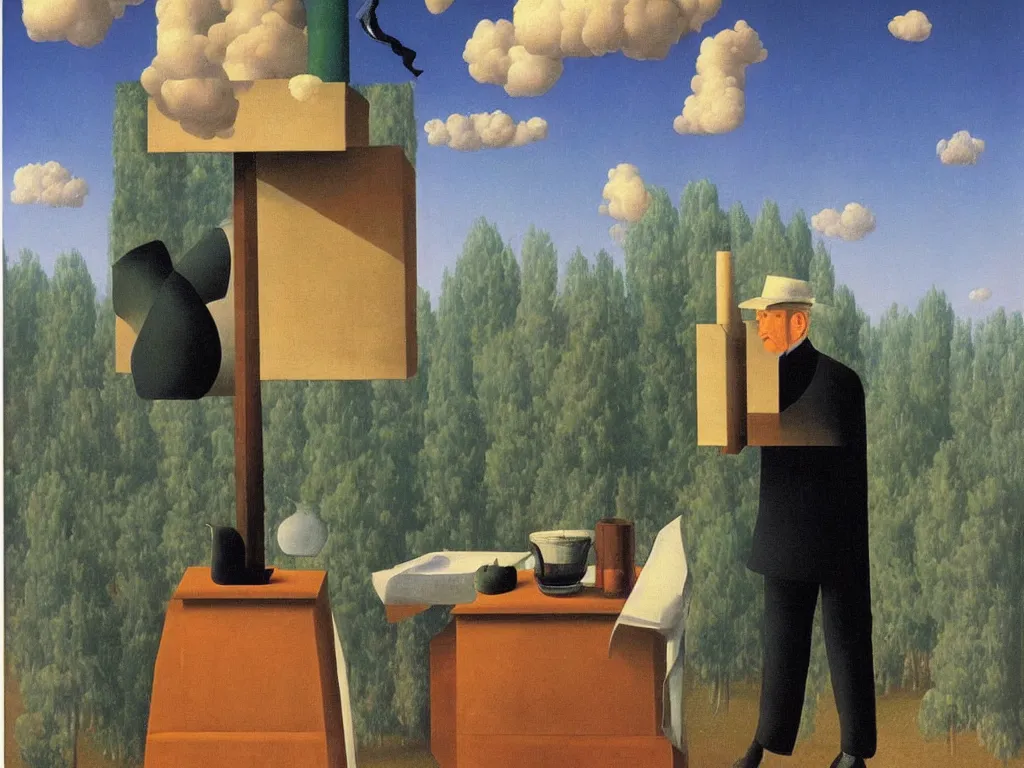 Image similar to obituary for an alchemist. painting by rene magritte