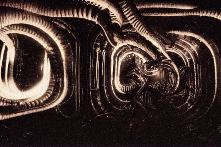 Prompt: vintage photo of alien invasion xenomorph giger style, flash photography at night, retro 1 9 7 0 s kodachrome