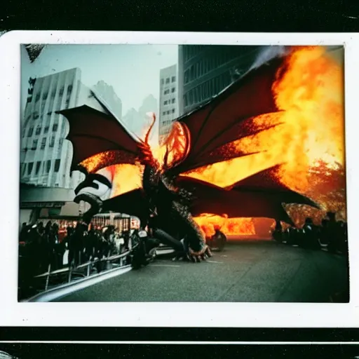 Prompt: polaroid photo of a fire breathing dragon destroying tokyo.