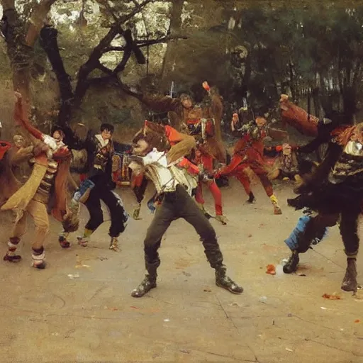 Image similar to a group of teenage boys doing TikTok dances. Ilya Repin and Ruan Jia.