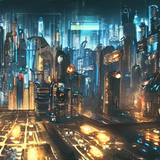 Image similar to cute cat looking down on huge cyberpunk style city, high detail, fantasy art, concept art, 4 k, ultra detail, computer art