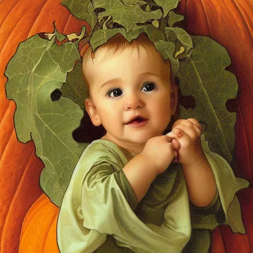 Prompt: a cute nine month old baby sitting inside a pumpkin. beautiful cute highly detailed face. halloween themed painting by artgerm and anne geddes and alphonse mucha.