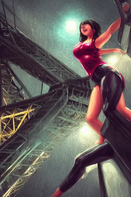 Image similar to hispanic female teen climbing the Eiffel Tower at night, downpour, action scene, artstation, concept art, smooth, sharp focus, art by artgerm