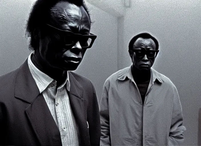 Prompt: miles davis wearing glasses, walking out of a the havens gate, extreme detailed face, film still from the movie directed by Denis Villeneuve with art direction by Zdzisław Beksiński, wide lens