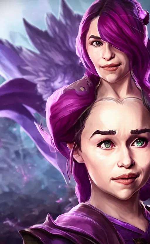 Image similar to Emilia Clarke as a character in the game League of Legends, with a background based on the game League of Legends, smiling, detailed face, old 3d graphics