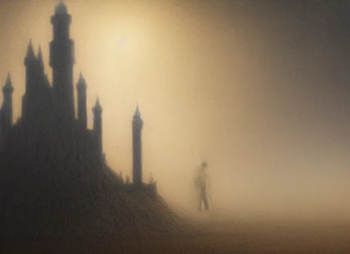 Prompt: a sand castle in a foggy desert, by jean delville and sophie anderson and mandy jurgens, moody atmosphere, cinematic atmospheric, cinematic lighting, golden ratio, perfect composition, elegant, no crop, extremely detailed, 4 k, hd, sharp focus, masterpiece, trending on artstation