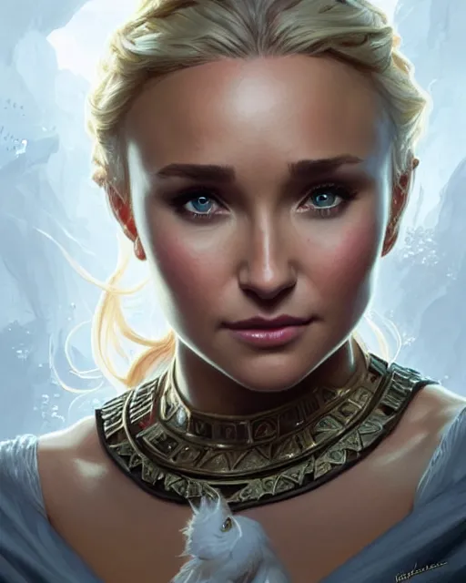 Prompt: Hayden Panettiere, D&D, fantasy, intricate, elegant, highly detailed, digital painting, artstation, concept art, matte, sharp focus, illustration, hearthstone, art by Artgerm and Greg Rutkowski and Alphonse Mucha