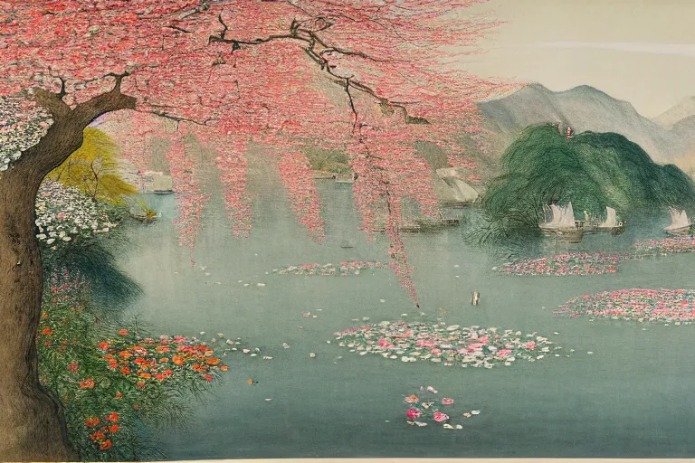 Prompt: an ultradetailed landscape painting of westlake in china hangzhou, may flowers blossoms nearby, autumn wind, chinese water color, smooth, sharp focus, illustration, by hilma af klint, 8 k
