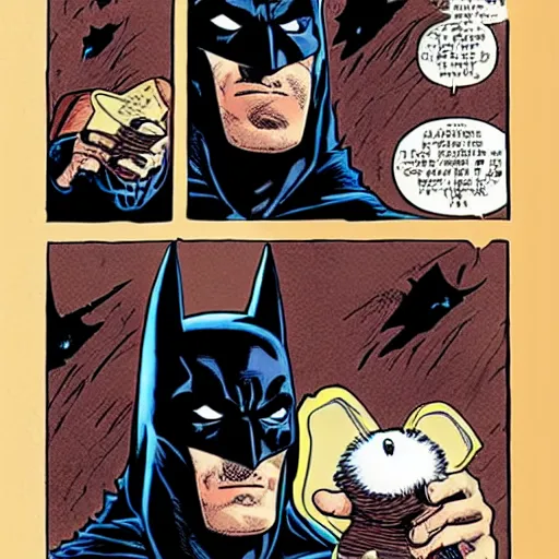 Prompt: Batman holding a hamster in his hand, moonlight, comic book style