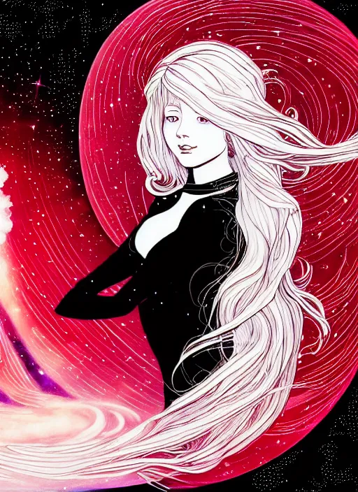 Prompt: highly detailed portrait of a hopeful pretty astronaut lady with a wavy blonde hair, by Ivan Bilibin , 4k resolution, nier:automata inspired, bravely default inspired, vibrant but dreary but upflifting red, black and white color scheme!!! ((Space nebula background))
