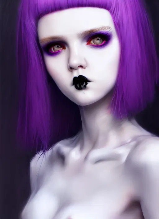 Image similar to portrait of white teenage girl, normal face, white bangs, mall goth, cyberlox, black and white hair, bangs, fluffy bangs, red contact lenses, purple lipstick, intricate, elegant, highly detailed, digital painting, artstation, concept art, sharp focus, smooth, illustration, art by wlop, mars ravelo and greg rutkowski