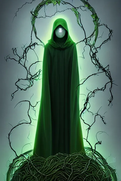 Image similar to A full body portrait of a ghost like character with no face, glowing eyes and a very long hooded dark green cloak made of leaves and vines art by Shaddy Safadi and Jason Chan, ominous, cosmic horror, trending on artstation, Ultra detailed, hyper realistic 4k