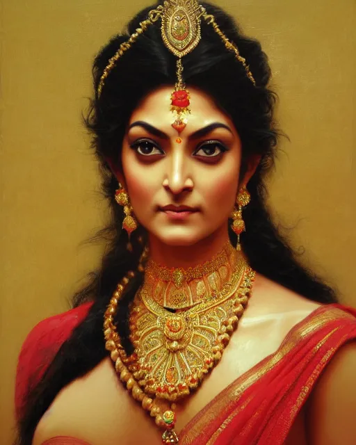 Image similar to Sushmita Sen as a beautiful Hindu Goddess, gorgeous, portrait, Symmetrical, powerful, intricate, beautiful, masterpiece, elegant, volumetric lighting, highly detailed, digital painting, hyper-realistic, artstation, sharp focus, no blur, illustration, William-Adolphe Bouguereau , ruan jia