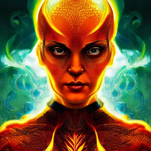 Image similar to full body portrait of jean grey, symmetry, hyperdetailed perfect face, green eyes, comic, phoenix rising, burning flames, intricate, detailed, volumetric lighting, scenery, digital painting, highly detailed, artstation, sharp focus, illustration, concept art, ruan jia, steve mccurry